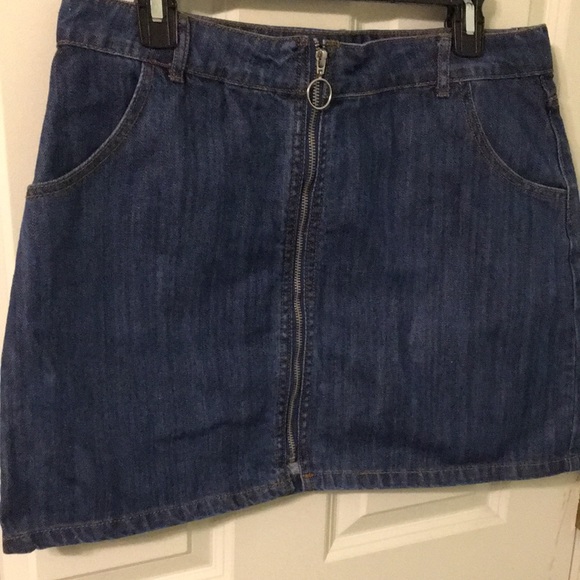F21 Denim Jean A line Mini Skirt Zip Front O Ring XL 12 - Picture 3 of 11